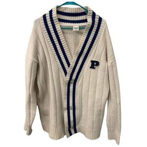 Victoria Secret PINK Oversized Collegiate Cardigan Cream with Blue Stripes L